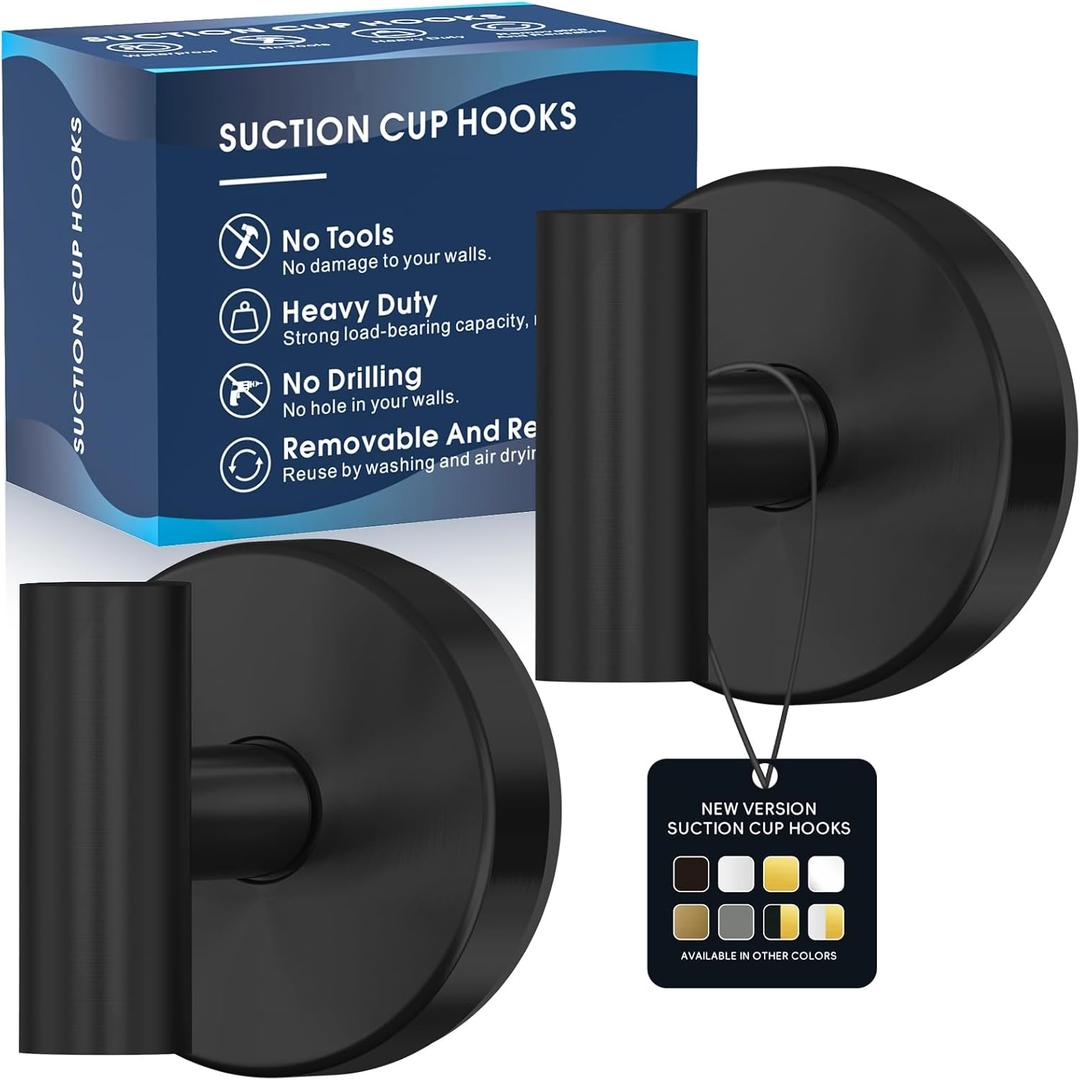 Suction Cup Hooks for Shower,Heavy Duty Shower Towel Suction Hooks,No Drill Wall Mounted Towel Hooks for Bathrooms Wall,Kitchen,Glass,Mirror,Tile to Hang Towels,Robes,Coat-Black(2 Pack)