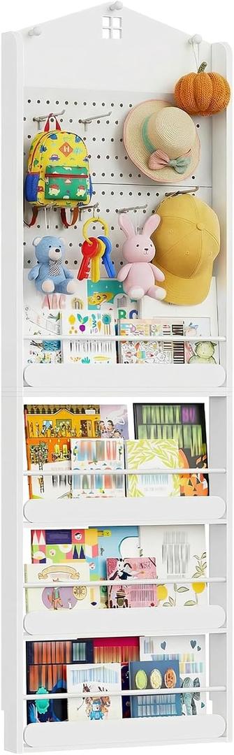HOOBRO Behind The Door Bookshelf, Wooden Behind Door Bookshelf, 4-Tier Space Saving Behind The Door Bookcase with DIY Pegboard, Kids Wall Bookcase for Kids Room, Bedroom, Nursery, White WW192CW01
