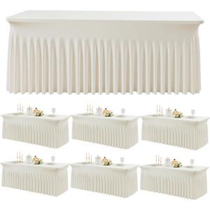 Outpain 8ft Spandex Table Cloth for Standard Folding Tables-6Pack Ivory Table Cloth Table Protector for Party, Wedding, Cocktail, Banquet, Festival