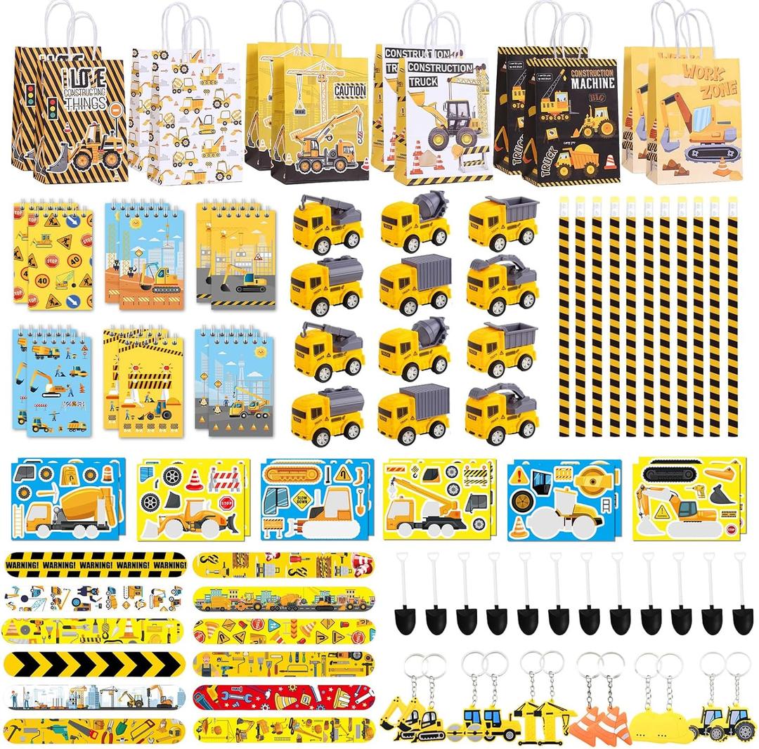 Halema 96pcs Construction Birthday Party Supplies, Construction Party Favors For Kids Mini Excavator Truck Keychain Slap Bracelet Sticker Construction Themed Party Favors Bags Available For 12 People