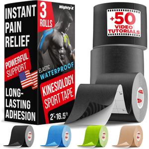 Waterproof Kinesiology Tape - [3 Rolls] - Kinetic Tape - Joints Support & Muscle Pain Relief - 16.4 ft Uncut Knee Tape +- Muscle Tape - Easy to Apply Shoulder Tape (Black)