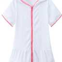 Girls Swim Cover Up Terry Swimsuit Coverup Kids Zip-Up Beach Pool Bathing Suit Wraps with Sunglasses (White, M)