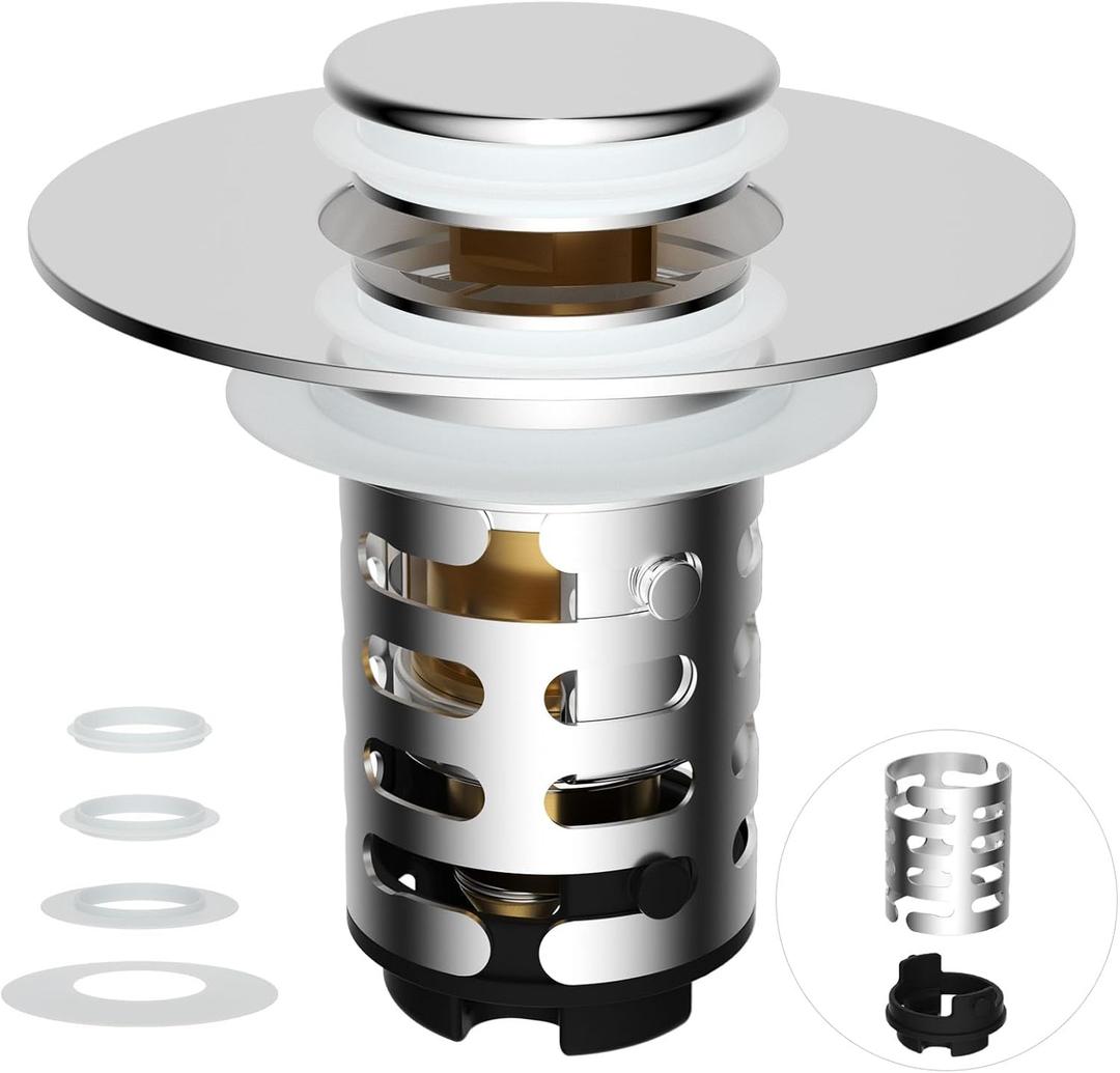 iFealClear Upgraded 4-in-1 Bathroom Sink Drain Stopper Hair Catcher, Universal Pop Up Strainer with 2-Layer Removable Stainless Steel Filter Basket, Anti-clog Sink Plug for 1.1"-2.36" US Basin, Chrome