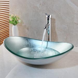 Bathroom vessel sink, Artistic Tempered Glass Oval Vessel Sink Above Counter with Chrome Faucet and Pop-up Drain Combo, Silver