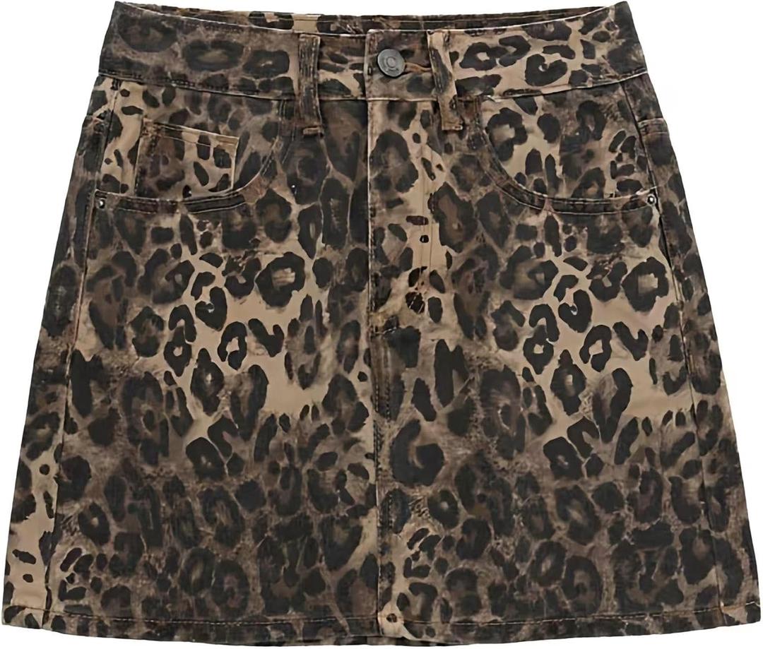 Women's Leopard Print Denim Mini Skirt High Waisted Sexy Bodycon Short Cheetah Print Jean Skirts for Women (Large)