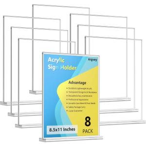 Argvey 8 Pack Acrylic Sign Holder 8.5 x 11 Vertical, Clear T Shape Table Menu Display Stand, Multi-function Plastic Double-Sided Paper Picture Frames Flyer Document Holder for Displaying