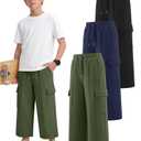 Langyiwee 3 Pack Boys Capri Pants Drawstring Elastic Waisted Teens Cargo Joggers Pull on Casual Sweatpants with Pockets(Army Green, Navy Blue, Black,11-12 Years)