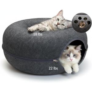 Peekaboo Cat Tunnel with Cute Paw Window, Large Indoor Donut Cat Cave for Play & Nap, Random Zipper Color (White/Charcoal Gray), Scratch-Resistant & Hand-Washable, Dark Gray