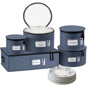 China Storage Hard Shell Containers 5-Piece Set Moving Boxes for Dinnerware, Glasses, Plates, Mugs and Saucers Sturdy Dish Organizer with Dividers for Seasonal Storage - Service for 12 - Denim Blue