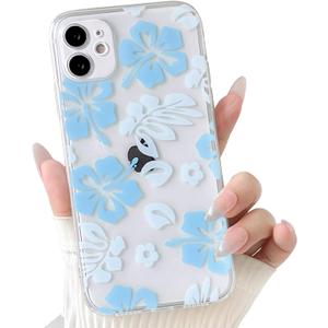 NITITOP Compatible with iPhone 11 Case Cute Clear Aesthetic Floral Flower Hibiscus Pattern for Girls Women Soft TPU Full Camera Lens Shockproof Protective Phone Cover - Blue