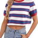 LilyCoco Womens Striped T Shirt Cotton Crop Short Sleeve Crew Neck Summer Tshirts Blue and White Medium (M)