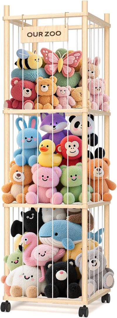Stuffed Animal Storage: Wood Stuffed Animal Zoo, Stuffed Animal Holder with Mesh Net, Plush Toy Organizer Tube with Brake Wheels, Space Save Stuffed Animal Cage for Kids Room Playroom Nursery Bedroom