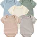 Chamie Newborn Boy Girl Bodysuit Infant Short Sleeve Jumpsuit Solid Ribbed Romper Outfits
 Size 3M