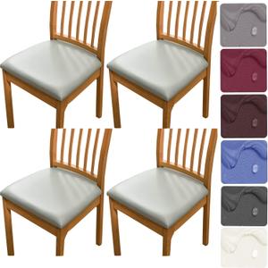 HFCNMY Seat Covers for Dining Chairs, Stretch Waterproof PU Dining Chair Seat Covers Set of 4, Washable Kitchen Chair Seat Covers Light Gray