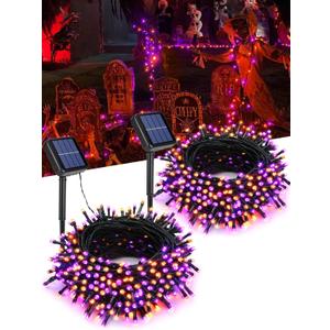 Flacchi 2 Pack Solar Halloween Lights Total 144ft 400 LED 8 Modes Outdoor String Lights Waterproof Solar Fairy Lights for Garden, Patio, Fence, Balcony, Outdoors,Holiday Decoration (Orange & Purple)