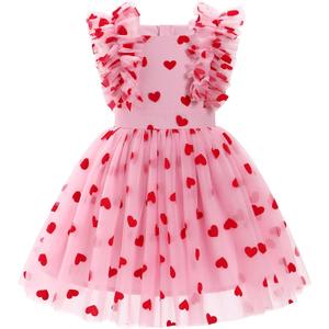 Kids Valentines Day Dress for Girls Ruffle Sleeveless Red Heart Print Birthday Tulle Princess Dress Party Tutu Dresses (Pink)