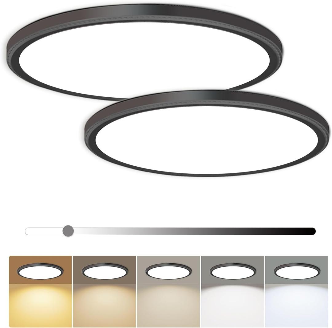 hunhun 2 Pack 16 Inch Dimmable LED Flush Mount Ceiling Light 4800LM Round Light Fixture 5 Color Temperature Selectable Super Slim Large Flat Ceiling Lamp for Living Dining Room Black