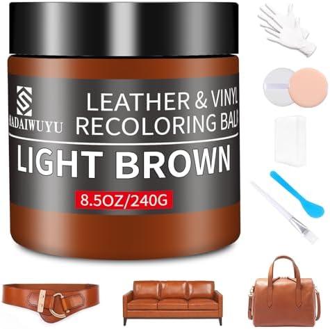 Leather Recoloring Balm,8.5oz Leather Color Restorer,Light Brown Leather Repair kit for Furniture and Car Interior,Leather Couch Scratch Repair,Leather Dye Paint for Faded,Cracked and Damaged Leather