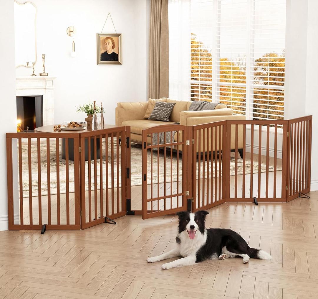 Homykic Dog Gate Indoor, 132" Wide Bamboo Pet Gate with Door, 30”H, Walnut, 132.3"Wx30"H, 6 Panels w/ Door