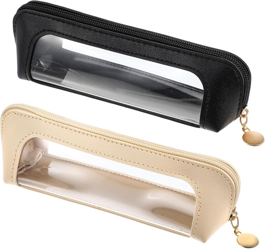 Kifmurase 2Pcs Clear Makeup Brush Bag, Leather Slim Makeup Case, Portable Transparent Waterproof Cosmetic Pouch with Zipper, Double Sided Clear Bag for Women Travel Storage (White, Black)