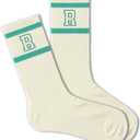 Forest Green and White Striped Crew Socks with the Letter Classic Varsity Sports Style Monogram Socks (Beige)