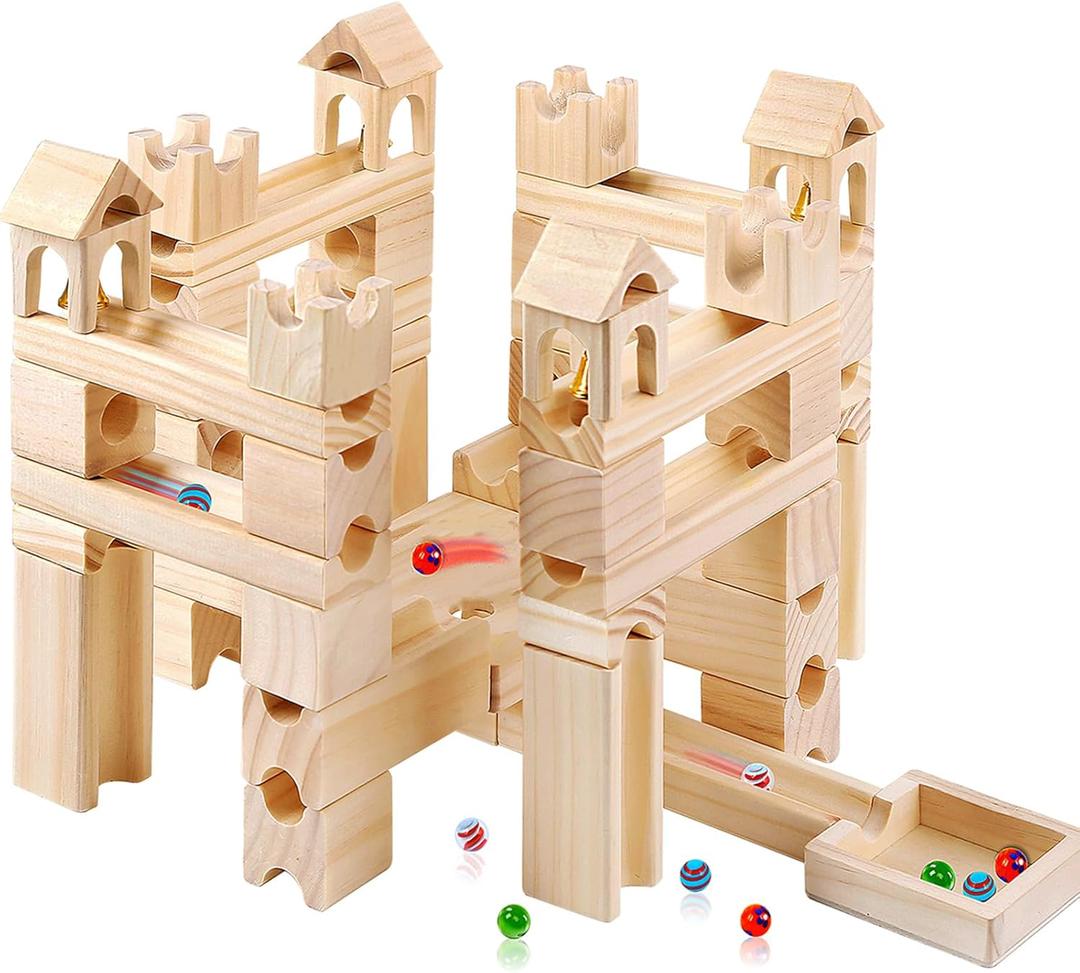 Wooden Marble Run for Kids Ages 4-8  80 Pieces Marble Rush Track Maze Construction Toy, STEM Building Blocks, Educational Gift for Boys & Girls
