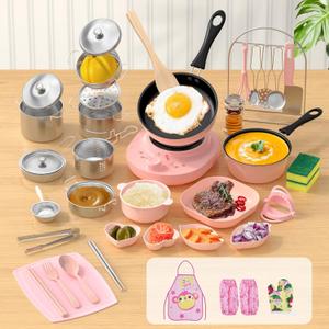 Kids Cooking Set Real for Ages 8-12, Real Montessori Mini Kitchen Tools with Stove Burner & Safe Knife, Easy Educational Cooking Toys for Boys & Girls Beginner Pink