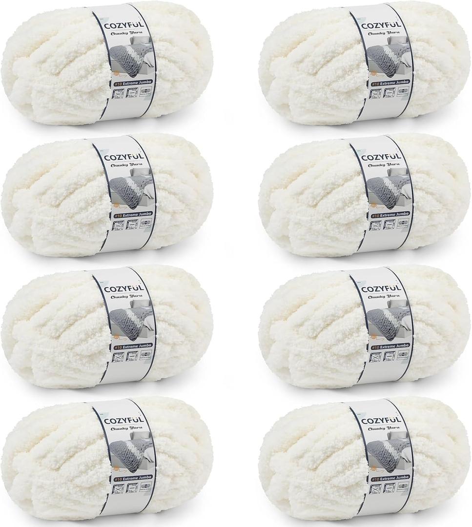 Cozyful Chunky Yarn for Hand Knitting - #10 Chunky Chenille Yarn, Jumbo Big Thick Chunky Yarns for Crocheting, Super Bulky Chunky Knit Blanket Yarns, 8 Skein (22 yds 8 oz Each Skein), Cream
