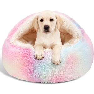 Calming Dog Beds & Cat Cave Bed with Hooded Cover,Removable Washable Round Beds for Small Medium Pets,Anti-Slip Faux Fur Fluffy Coved Bed for Improved Sleep,Fits up to 15/25 lbs(Colorful,M)