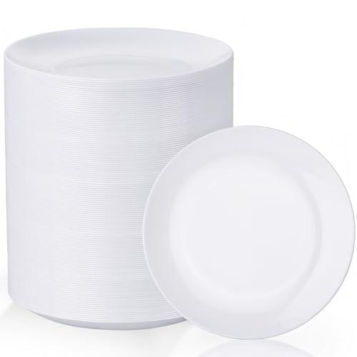 Nervure 100Pcs White Plastic Plates - 7.5inch Disposable White Dessert/Salad Plates - Heavy Duty Plastic Plate Ideal for Wedding & Party