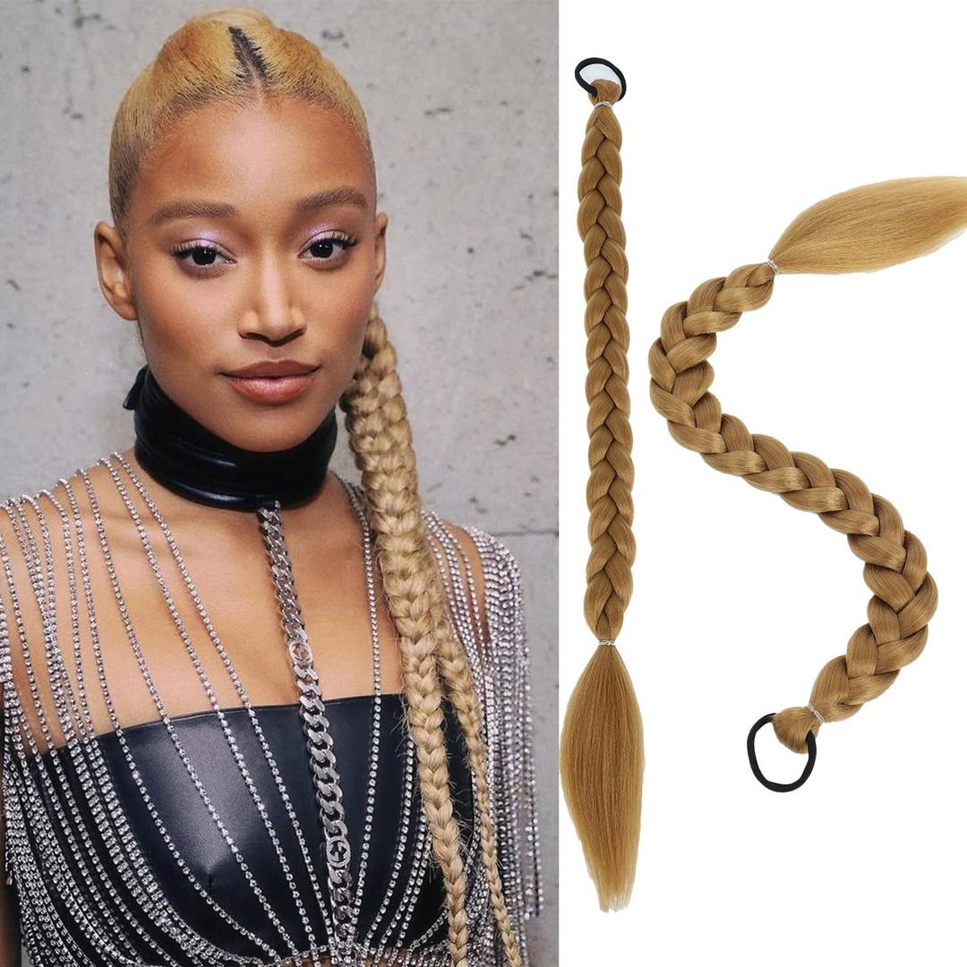 Long Braided Ponytail Extension for Black Women Soft Synthetic Hair Piece with Hair Tie Straight Wrap Around Ponytail Braided Hair Extensions pre Stretched 24 Inch 2 Packs 120 Gram (Blonde)