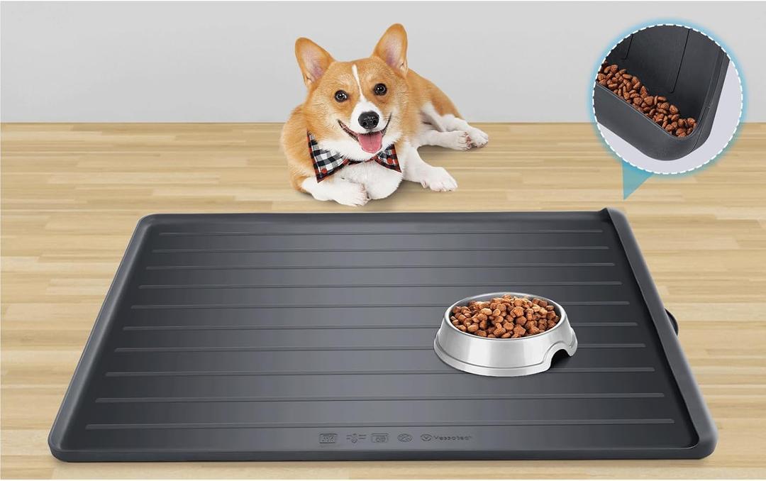 Dog Food Mat - 29''x20'' with Residue Collection Pocket, Waterproof Silicone Bowl Mat for Dogs & Cats & Most Pets, Black