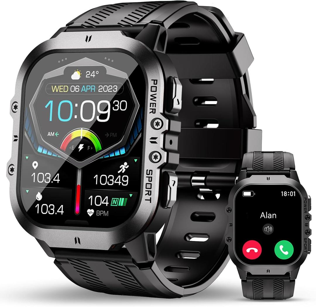 OUKITEL BT20 Military Smart Watches for Men(Answer/Make Calls), 1.96'' Fitness Smart Watches for Android/iPhone, Waterproof Smart Watch with Blood Pressure/Heart Rate/100+ Sport Modes, Watches for Men