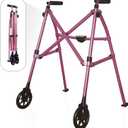 Stander Space Saver Walker, Lightweight Folding Rolling Mobility Aid for Seniors & Adults, Compact 2-Wheel Disability Device with 6-inch Wheels & Ski Glides for Walking Support, Regal Rose