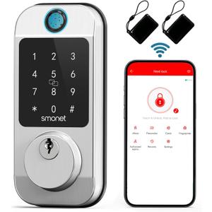 SMONET Smart WiFi Door Lock, Keyless Fingerprint Deadbolt, Alexa Compatible, Digital Keypad, Bluetooth App Control, Satin Nickel