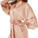 SIORO Women's Satin Robe, Short Bathrobe with V-Neck, 3/4 Sleeves Robe for Bride & Bridesmaids, Wedding Party Sleepwear (XX-Large, Camel)