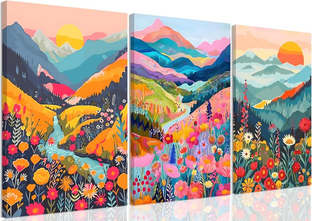 Colorful Watercolor Mountain Canvas Wall Art Set of 3 Boho Flower Picture Wall Decor Abstract Nature Landscape Artwork Paintings Posters Print for Living Room Bedroom Office 24x16In Framed (24L" x 16W")