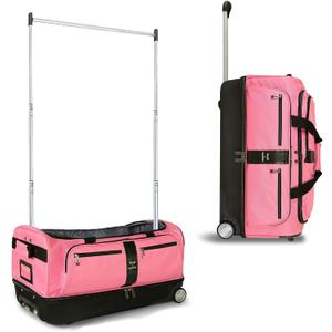 Travolution Dance Bag with Garment Rack, 28 Inch Rolling Duffel With Wheels, Ideal for Competitions & Travel, Easy-assembly Lightweight Aluminum Clothes Rack, Drop-Bottom Luggage (Black/Pink)