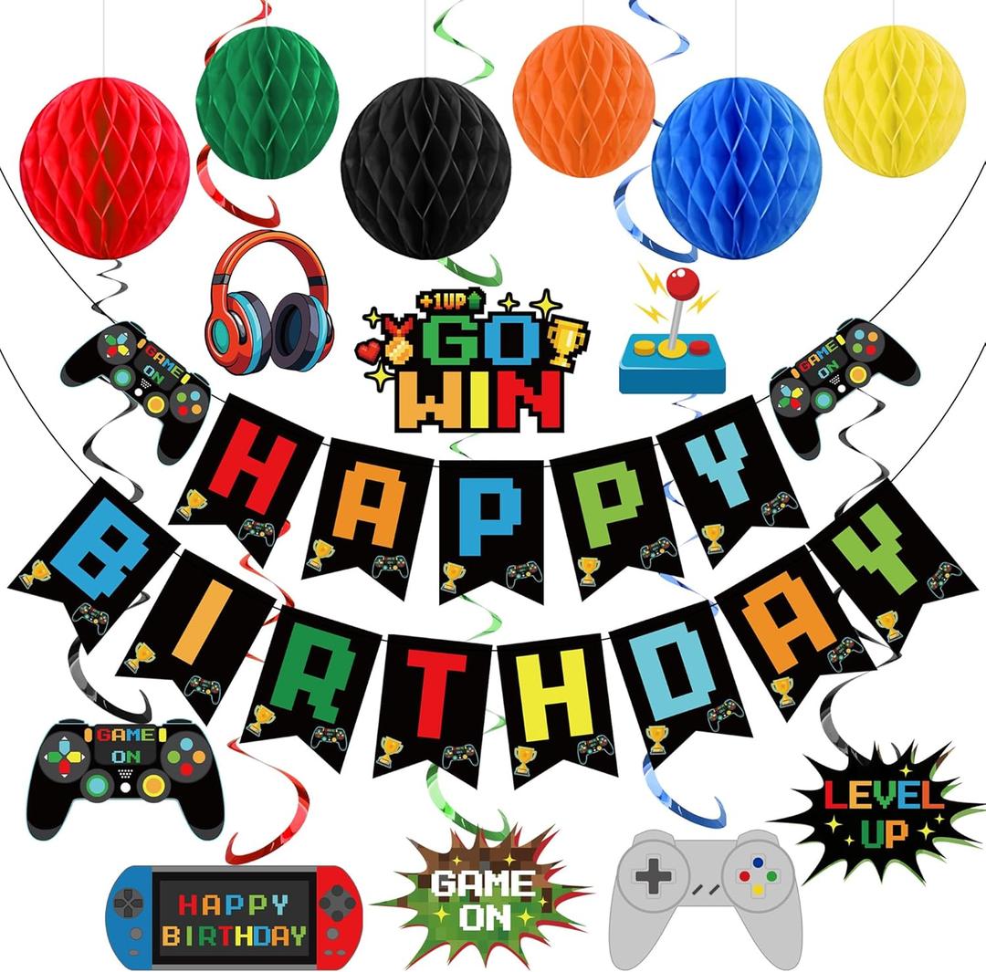 Video Game Birthday Decorations Game Theme Party Decorations Kit Includes Happy Birthday Gaming Banner Hanging Swirls Honeycomb Balls for Gaming Theme Birthdays Party