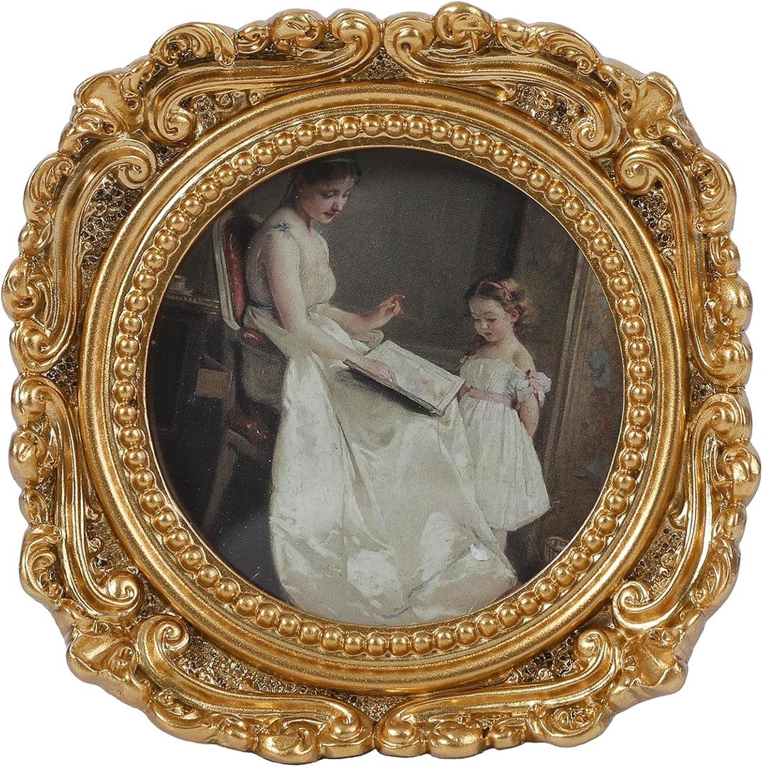 Vintage Picture Frames 3x3 Round Gold - Antique Ornate Small Picture Frames with Hooks and Easel Stand Wallet Size Victorian Decor for Gallery Wall and Tabletop