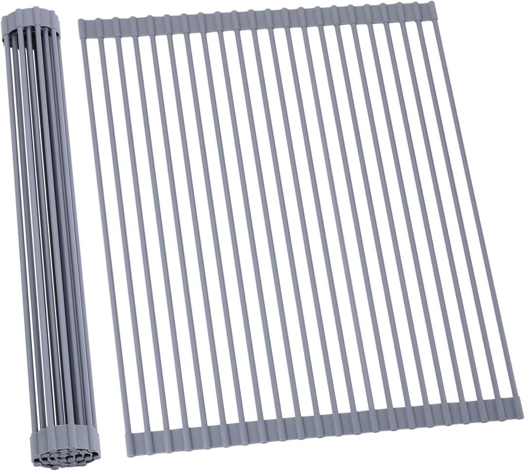 Ohuhu Sink Drying Rack, 20.5" W x 16.1" L Over The Sink Roll-Up Dish Drainer - Rolling Foldable Accessories Heat-Resistant Mat Anti-Slip Silicone Coated Multipurpose for Kitchen Counter (Gray)