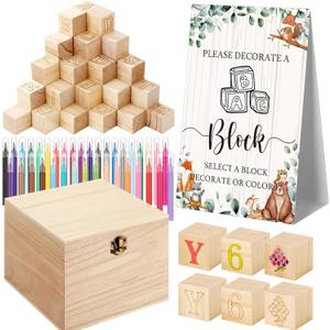 Marsui 136 Pcs Baby Shower Blocks to Decorate Game Kit Includes 98 Wooden Blocks, 36 Markers, 1 Game Sign, 1 Storage Box for Baby Shower Gender Reveal Activity Party Decorations(Land Animal)