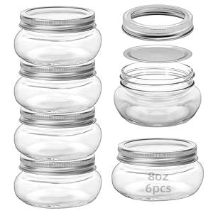 eispap 6Pcs Wide Mouth Mason Jar 8 oz for Pickling with Silver Metal Airtight Lids and Bands, Wide Mouth Glass Canning Jars for for Canning, Preserving, Meal Prep, Overnight Oats, Jam, Jelly (6)