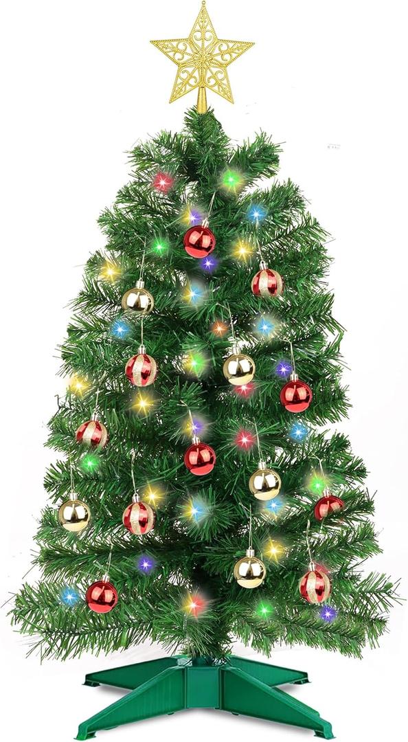 3 Ft Green Christmas Tree 12 Modes Dual Color Change Timer DIY 50 Warm White & Multicolor Lights Star 15 Ball Ornaments Battery Operated Small Artificial Full Xmas Tree Table Home Indoor