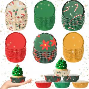 Vesici 300 Pcs 3.5 Inches Winter Large Cupcake Liners Red Green Baking Paper Cups Muffin Cupcakes Wrappers 6 Styles Baking Paper Cup Supplies for Cake Balls Candies Party(Vivid)