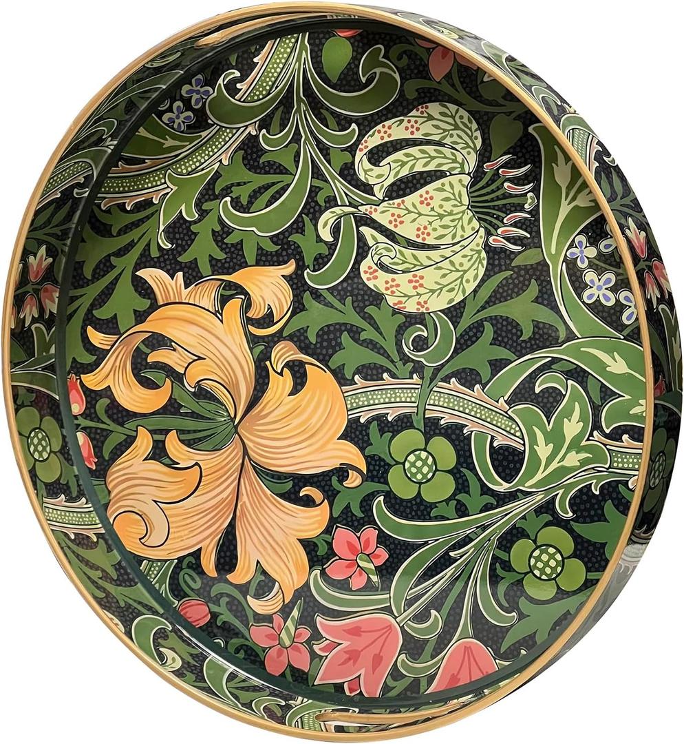 Round Decorative Tray- Flower Vine Style, Marbling Plastic Tray with Handles, Modern Vanity Tray and Serving Tray for Ottoman, Coffee Table, Kitchen and Bathroom, Size 13 INCH (Green)