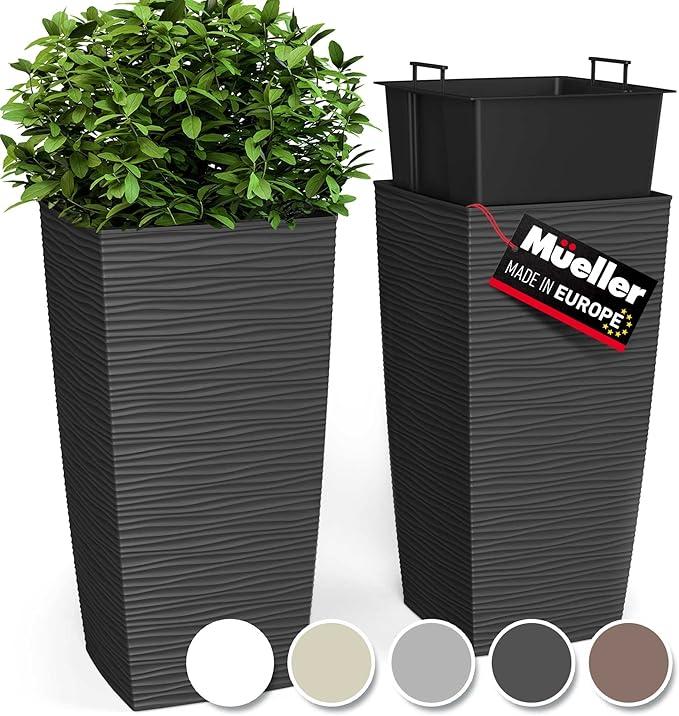Mueller M-Resin Heavy Duty Tall Planters for Outdoor Plants, Indoor Grande Plant Pots, Boxes, Trees, Flower Pots, 2-Piece Set, 18, Modern Design, Built-in Drainage, Front Porch Decor, Light Grey