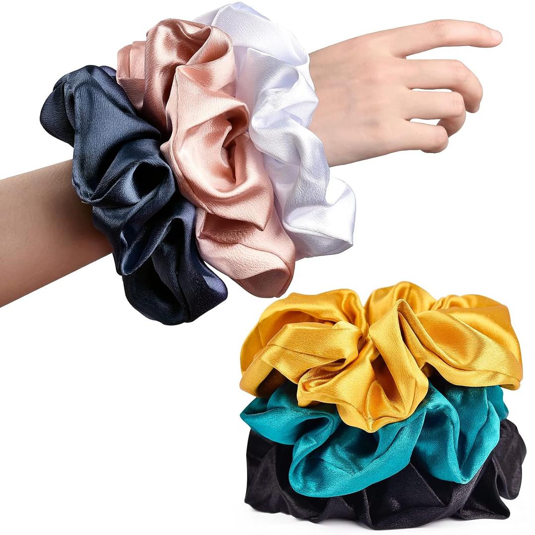 CEELGON Black Big Satin Scrunchies for Women Large Scrunchie Blue Satin Hair Ties Oversized Thick Elastic Jumbo Hair Scrunchies 6 Pack (black,gold,champagne,blue,green,white)