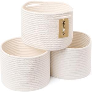 MiniArk Small Basket for Organizing | Cube Shelf Closet Storage Baskets | 9.79.77.1 | Woven Rope Gift Basket | Nursery | Round 3 Packs Off White