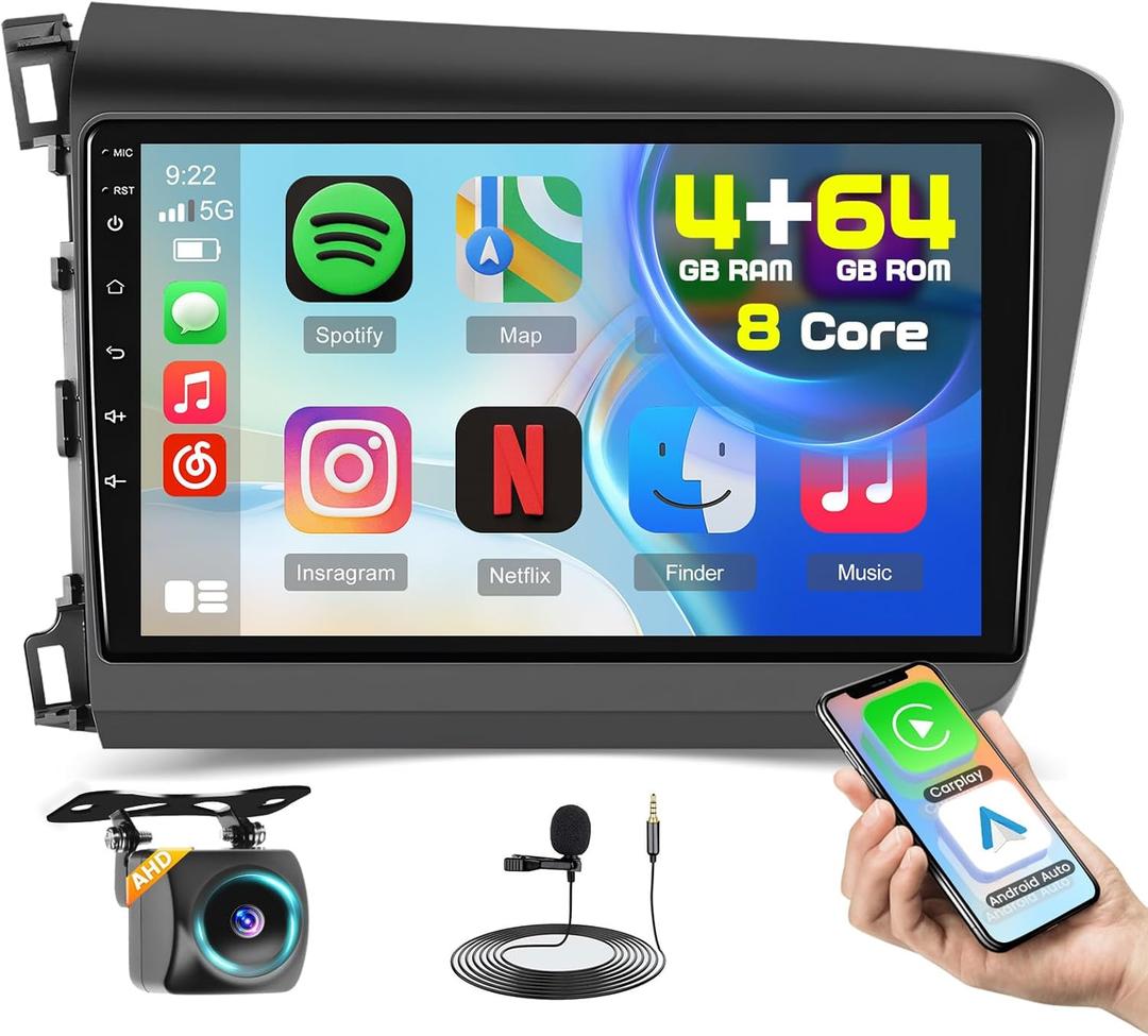 [8 Core 4+64GB] Android 15 Car Stereo for Honda Civic 2012-2015 with Wireless Carplay Android Auto, 9 Inch HD Touchscreen Car Radio with GPS WiFi Bluetooth FM/RDS EQ DSP 59UI SWC Backup Camera